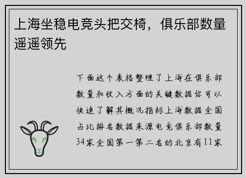 上海坐稳电竞头把交椅，俱乐部数量遥遥领先