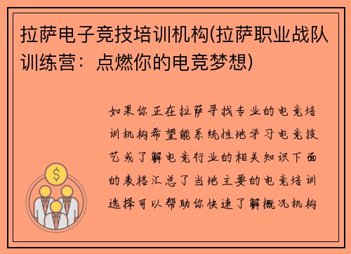 拉萨电子竞技培训机构(拉萨职业战队训练营：点燃你的电竞梦想)